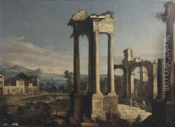 A Capriccio View Of A Forum With Horsemen, Travellers And Other Figures Amongst Classical Ruins Oil Painting - Hendrick Frans van Lint