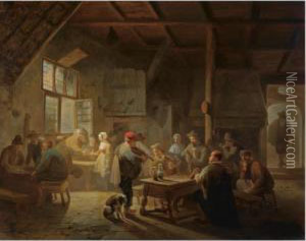 A Busy Tavern Oil Painting - Ferdinand de Braekeleer
