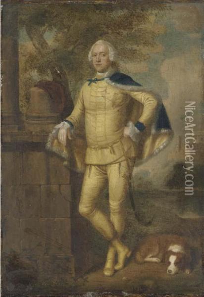 Portrait Of John Manners, Marquis Of Granby, In Masquerade Hussar'scostume, With A Spaniel At His Side, By A Column In A Landscapewith Belvoir Castle Beyond Oil Painting - Edward Haytley