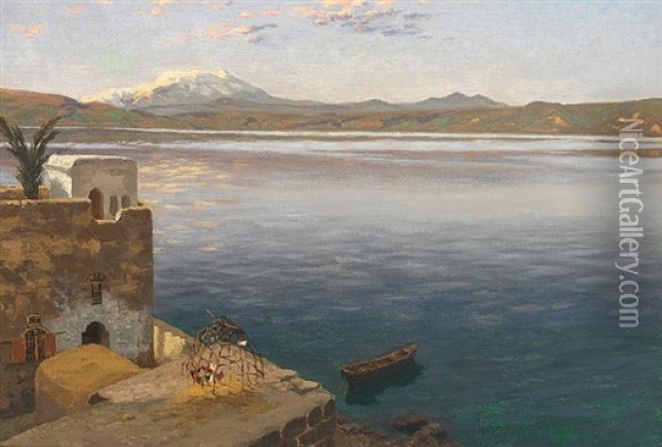 Blick Von Einer Terrasse Auf Den See Genezareth Mit Hermon-gebirge Oil Painting - Julius Friedrich Ludwig Runge