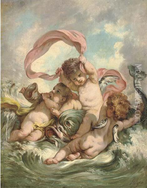 Putti Disporting With A Fish In A Seascape Oil Painting - Charles Augustus Henry Lutyens