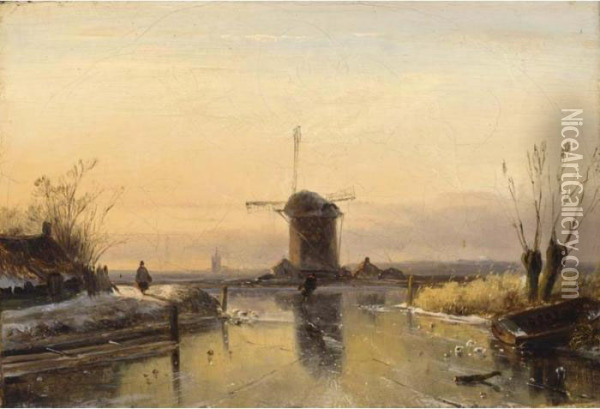 Figures In A Winter Landscape, A Windmill In The Distance Oil Painting - Jan Jacob Coenraad Spohler