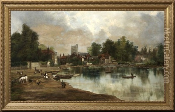 View Of A Riverside Village With Boats, Animals And Townsfolk On The Shore Oil Painting - Arthur Joseph Meadows