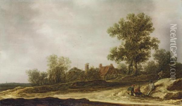 A Landscape With Travellers 
Resting On A Sandy Path Near A Cottage, A Church In The Distance Oil Painting - Jan van Goyen