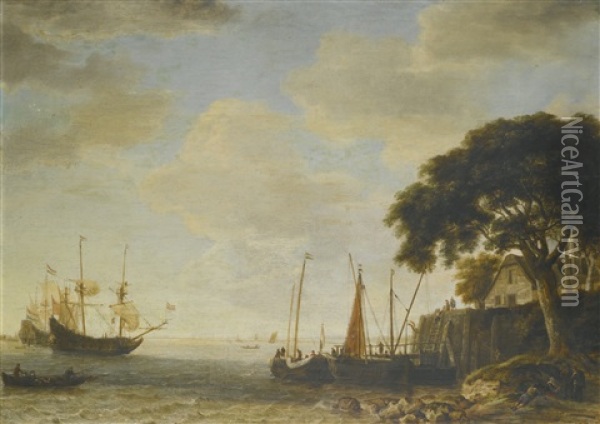 Coastal Landscape A Ducth Kaag Tied Up To A Quay, A Man Of War Weighing Anchor Beyond Oil Painting - Jeronymus Van Diest