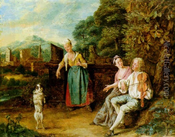 Figures In A Landscape Watching A Fiddler And His Dancing Dog Oil Painting - Josef van Aken