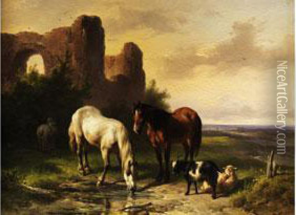 Zwei Pferde An Einer Wasserpfutze Vor Ruinen In Weiter Landschaft Oil Painting - Wouterus Verschuur
