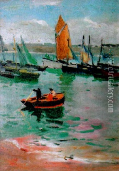 Voiliers Au Mouillage Et Barque A La Godille Oil Painting - Paul Bernard Morchain