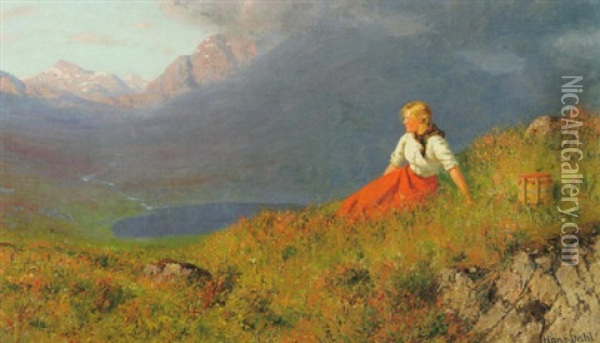 Berglandskap Med Rastande Ung Kvinna Oil Painting - Hans Dahl