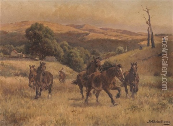Horses Galloping Oil Painting - Jan Hendrik Scheltema