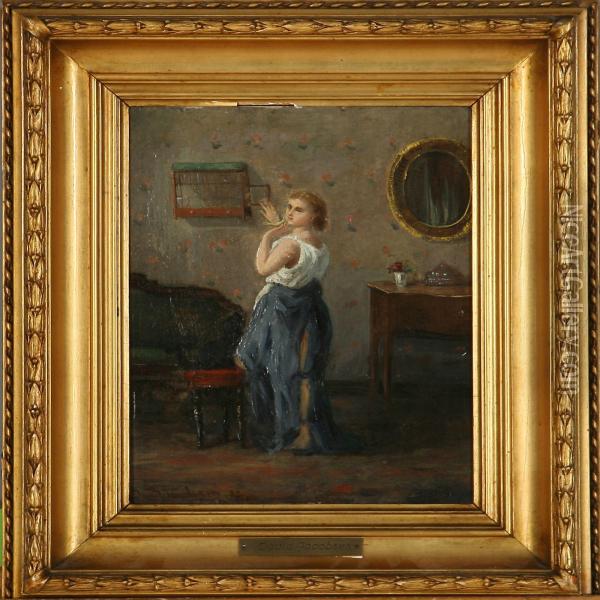 Girl With A Canary Oil Painting - David Jacobsen