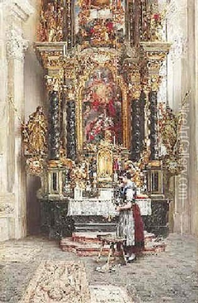Madchen Vor Dem Annaaltar In Der Kirche Von Rattenberg In Tirol Oil Painting - Otto Piltz
