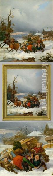 Sturz Mit Dem Pferdeschlitten Oil Painting - Ludwig Elsholtz