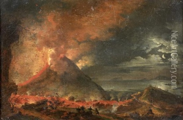 Vue Du Vesuve En Eruption Au Clair De Lune Oil Painting - Pierre Jacques Volaire