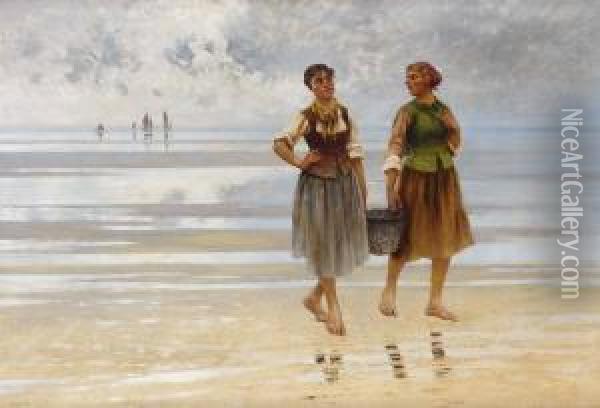 Flickor Vid Strand Oil Painting - August Wilhelm Nikolaus Hagborg
