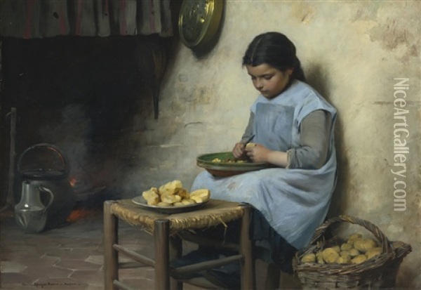 Peeling Potatoes Oil Painting - Charles Sprague Pearce