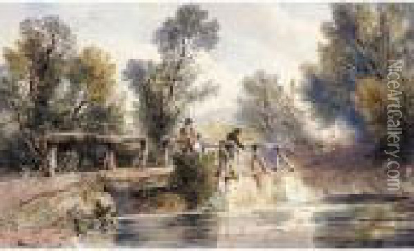 Figures Fishing For Trout From A Bridge Oil Painting - Joseph Murray Ince
