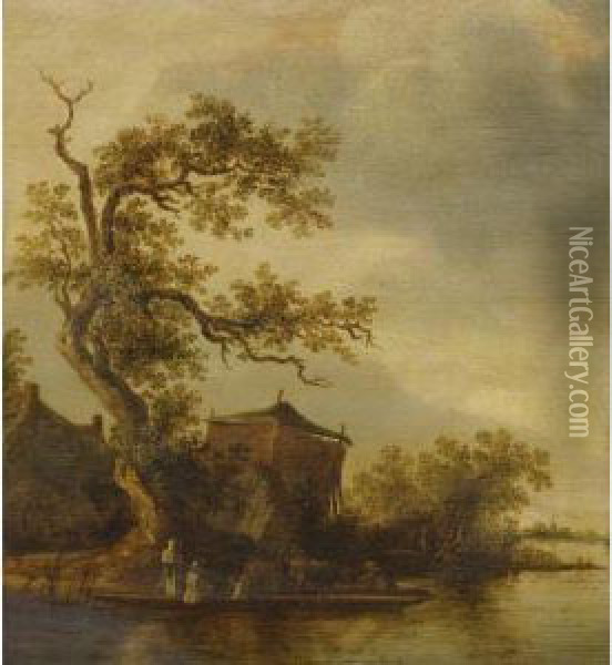 Fishermen Along A Lake With Their Cattle Oil Painting - Anthony Jansz. Van Der Croos