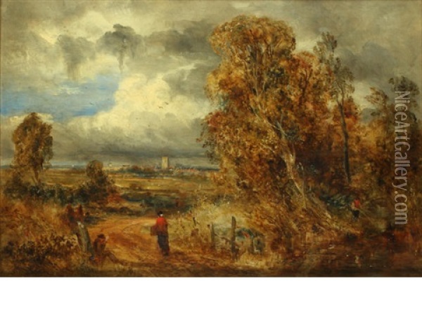 Figures On A Country Road, A Church Tower Beyond Oil Painting - William Joseph J. C. Bond
