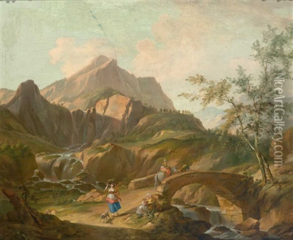 Felsige Landschaft Mit Landbevolkerung An Einer Steinernen Brucke Oil Painting - Johann Balthasar Bullinger the Elder