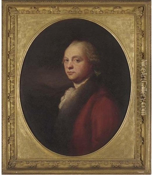 Portrait Of A Gentleman In A Red Gown With A Fur Collar And White Shirt Oil Painting - William Hoare