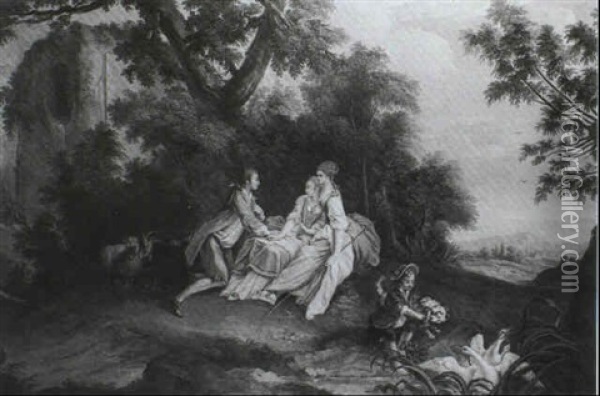 Young Man Kneeling Before Two Ladies Seated Near A Stream Oil Painting - Jacques de Lajoue
