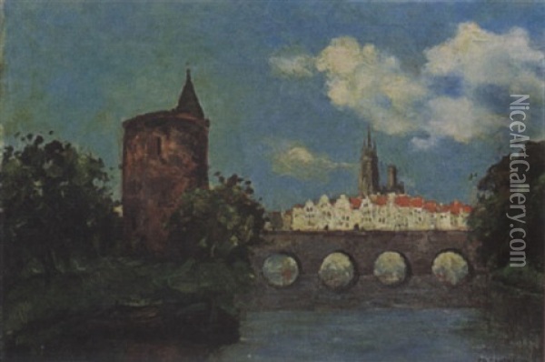 A View Of The Minnewater And Poertoren, Brugge Oil Painting - Charles Dankmeijer
