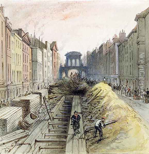 Fleet Street with the New Common Sewer under Construction, 1845 Oil Painting - Fred Shepherd