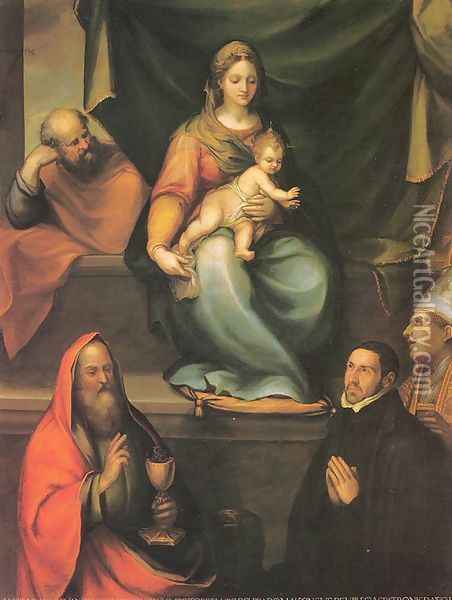 The Holy Family with Saints and the Master Alonso de Villegas 1589 Oil Painting - Blas del Prado