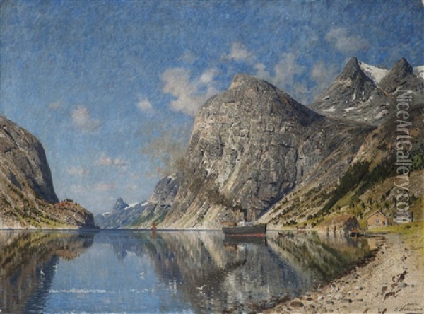 Fjordlandskap Med Dampbat Oil Painting - Adelsteen Normann