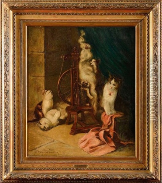 Les Chatons Et Le Rouet Oil Painting - Louis Eugene Lambert