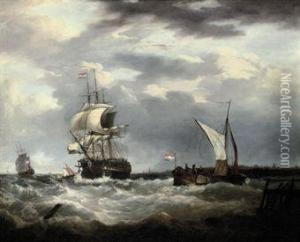 A Dutch Emigrant Ship Dropping The Pilot And Leaving Her Homeland Astern Oil Painting - George Webster
