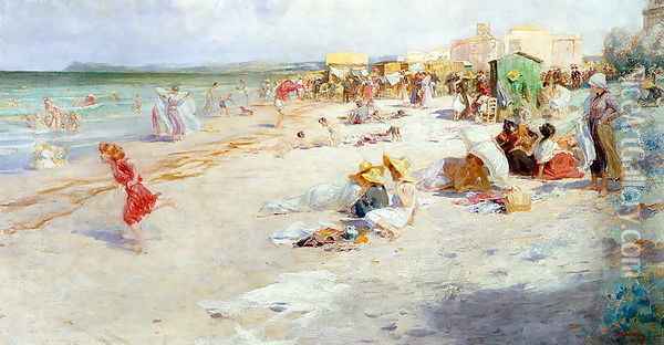 A Busy Beach in Summer Oil Painting - Alois Hans Schram