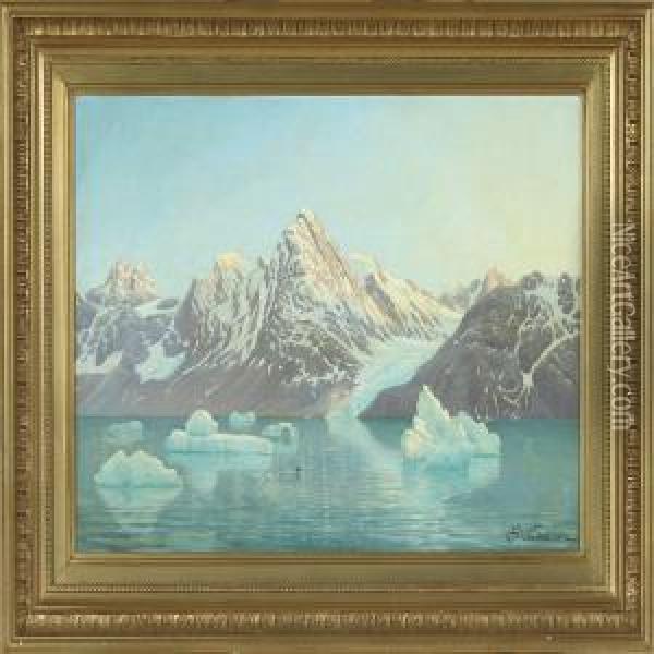 Scenery From A Greenlandic Inlet Oil Painting - Andreas Christian Riis Carstensen
