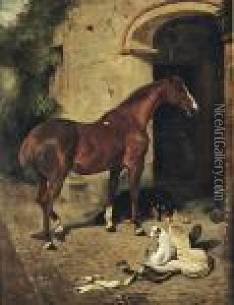 A Chestnut Hunter With A Collie And A Jack Russell Outside A Stable Oil Painting - John Emms