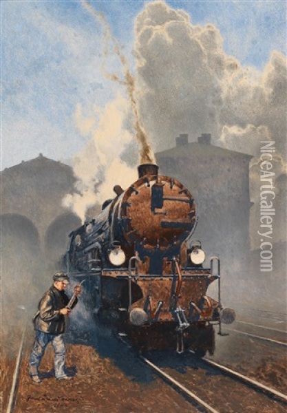 A Steam Locomotive Oil Painting - Josef Danilowatz