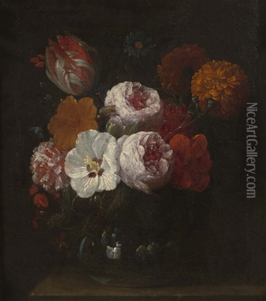 A Flower Still Life With Roses, A Carnation, A Parrot Tulip And Other Flowers, All In A Glass Vase Oil Painting - Nicolaes van Veerendael