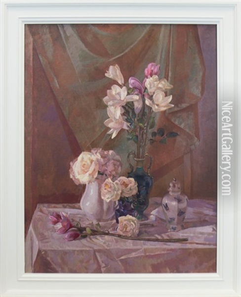 A Tabletop Still Life With Roses Oil Painting - John Wilson Carmichael