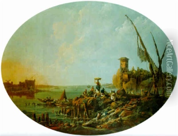 The Mouth Of The River Tagus At Dawn With Fisherfolk Oil Painting - Jean Baptiste Pillement