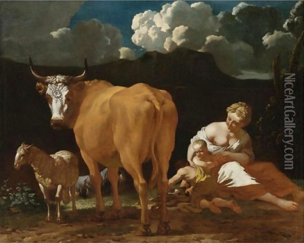 Italianate Landscape With A Woman, Two Children, A Bull, Sheep And A Dog Oil Painting - Karel Dujardin