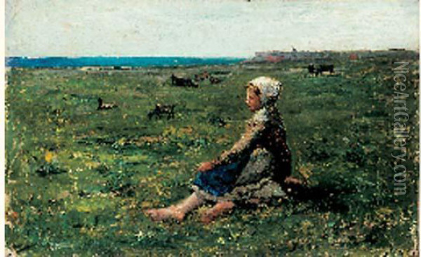 Bergere Gardant Son Troupeau, Circa 1880 Oil Painting - Jules Denneulin