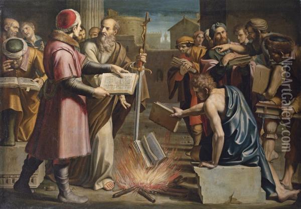 Saint Paul And The Burning Of Pagan Books At Ephesus Oil Painting - Lucio Massari