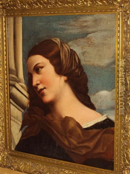 Study Of A Young Lady, Possibly A Detail From An Altar Piece Oil Painting - Tiziano Vecellio (Titian)
