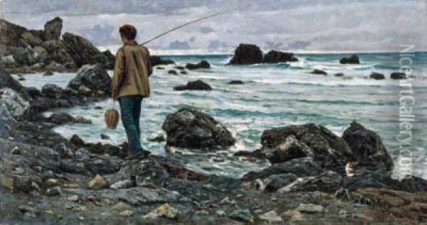 Pescatore Negli Scogli, 1890 Circa Oil Painting - Angiolo Tommasi