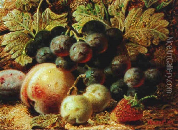 Still Life With Grapes, A Peach And Other Fruit Oil Painting - Oliver Clare
