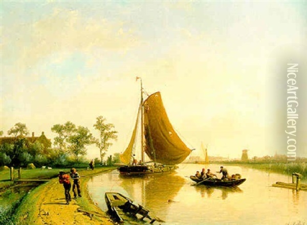 Figuren Jagen Een Zeilschip Bij Windstil Weer Oil Painting - Johan Adolph Rust