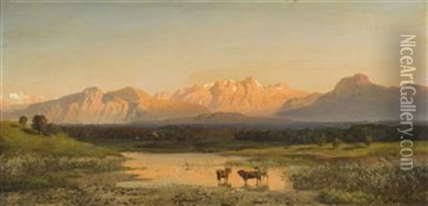 Early Evening In The Alpine Foothills Oil Painting - August Albert Zimmermann