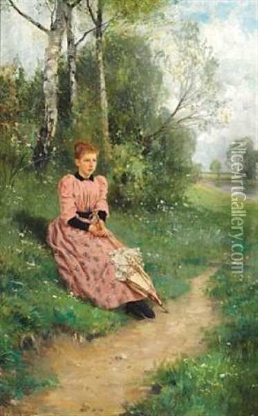 Young Woman In A Pink Dress, Sitting With Parasol Near A Lake Oil Painting - Louis Lang