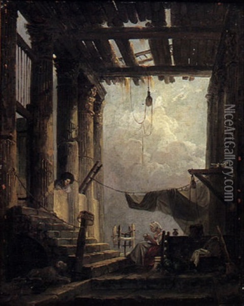 Jeune Fileuse Dans Les Ruines Oil Painting - Hubert Robert