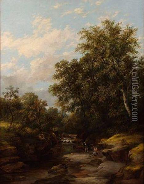 Wooded River View With Anglers Oil Painting - James Stark
